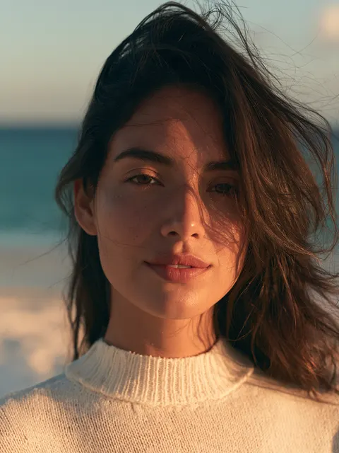 Imagen ilustrativa de bichectomía: modelo en la playa al atardecer