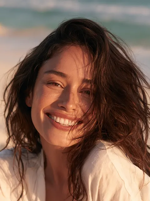 Imagen ilustrativa de blefaroplastia: modelo en la playa al atardecer